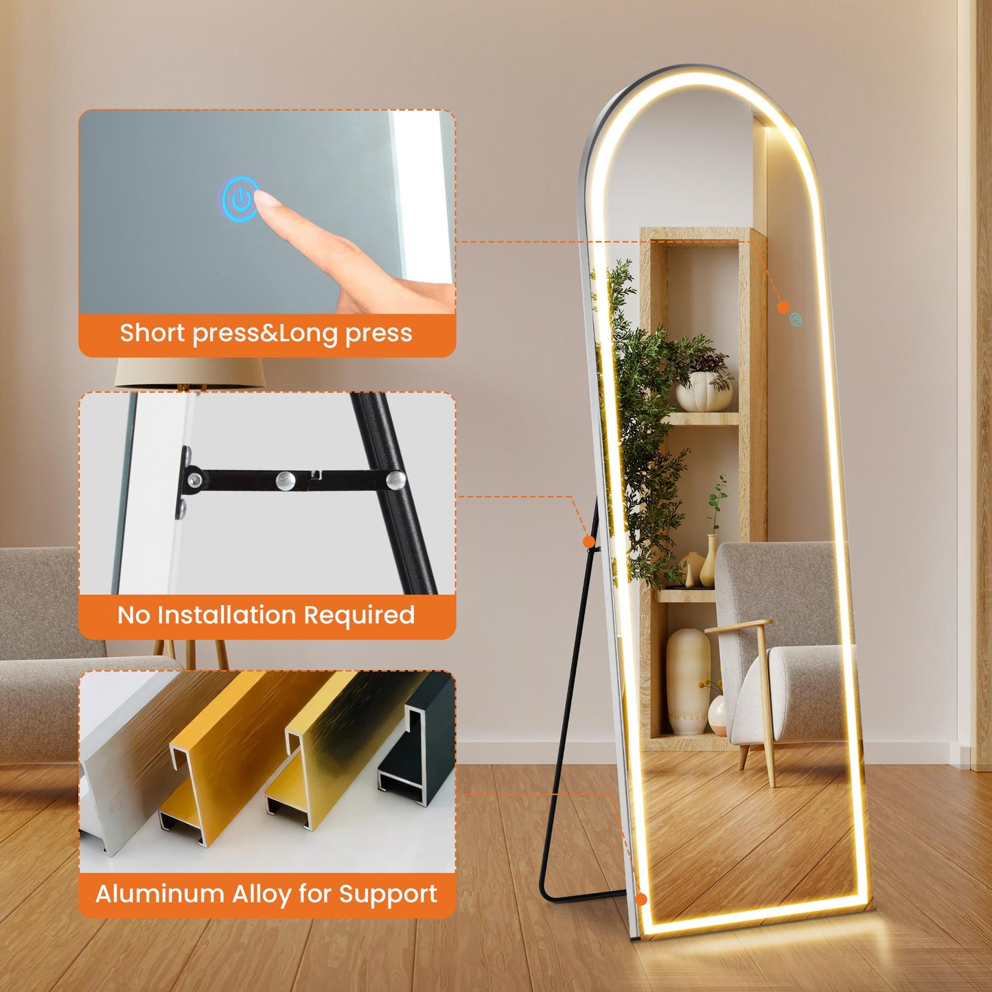 64"x21" Arched Full Length Mirror w/ LED Lights