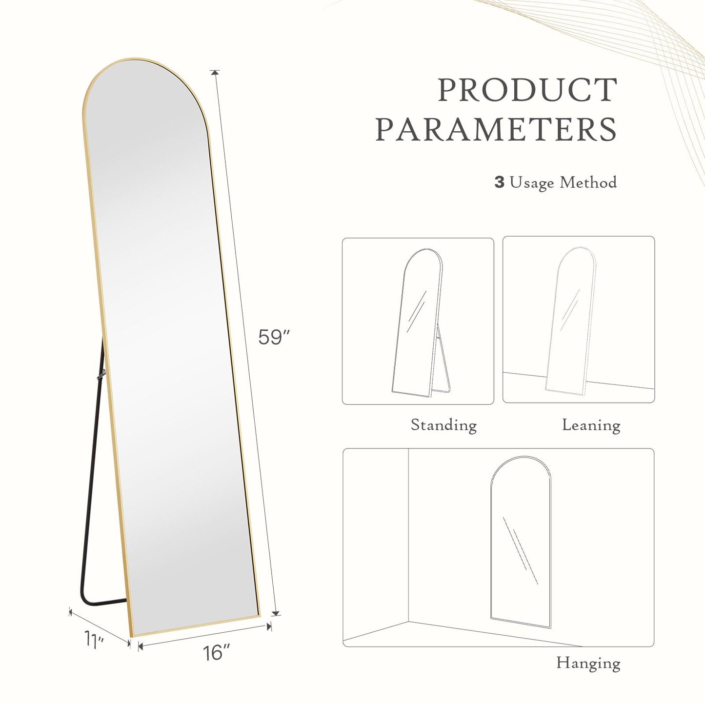 Gold Arched Full Length Floor Mirror 16"x59"