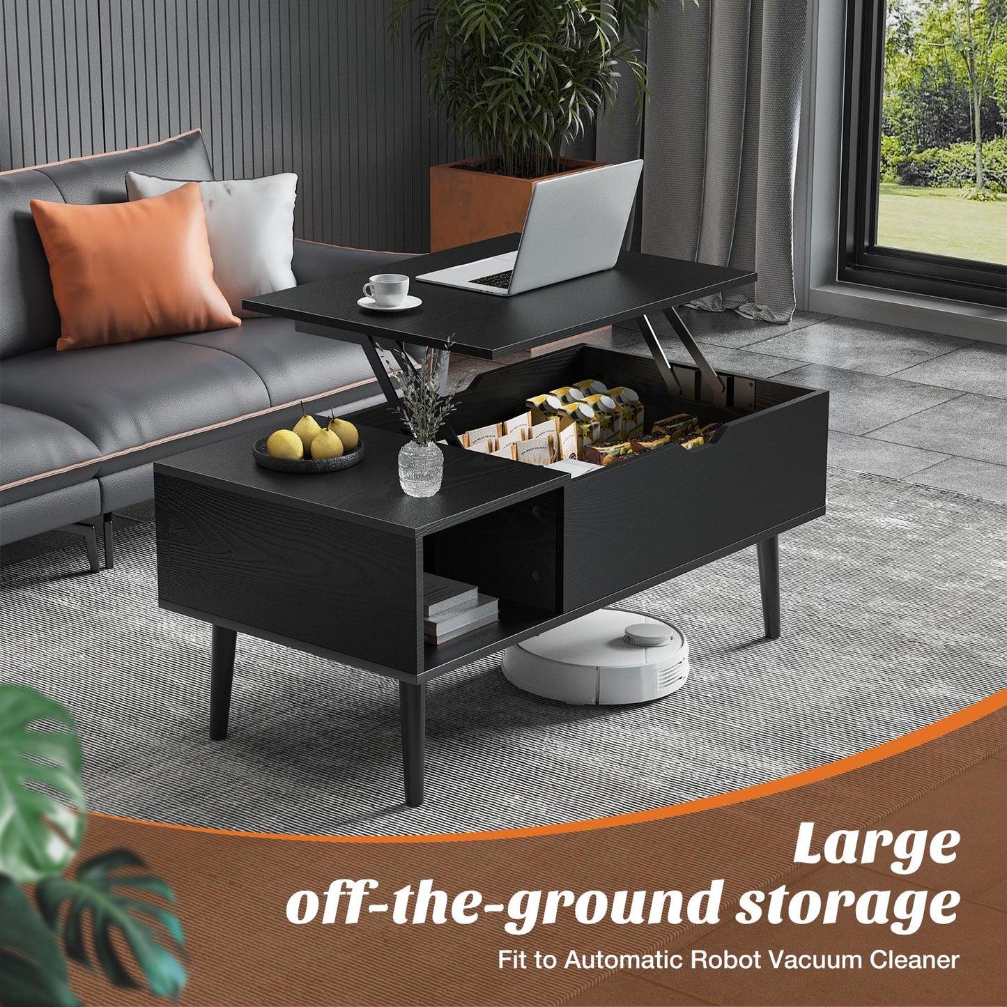 Black Lift Top Coffee Table w/ Hidden Storage Compartment