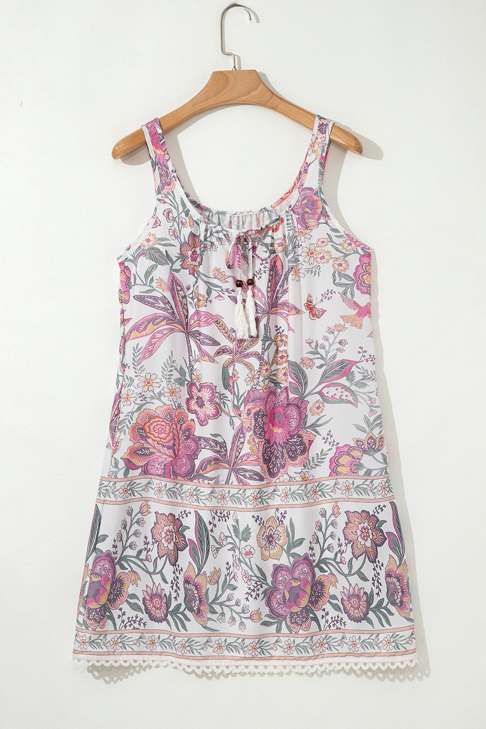 Multicolor Floral Print Fringed Tie U Neck Sleeveless Mini Dress