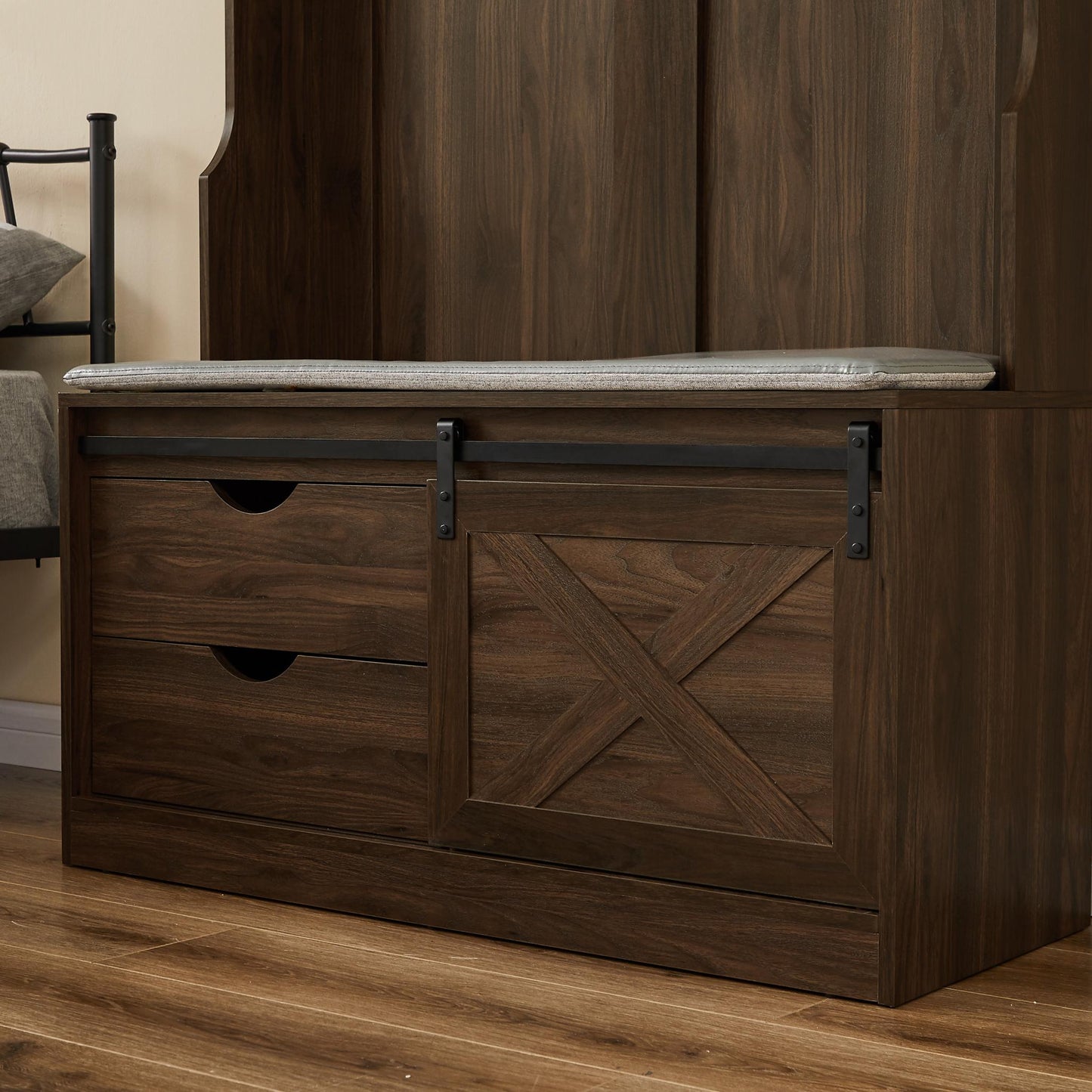 Dark Brown Coat Rack w/ Shoe Cabinet Storage