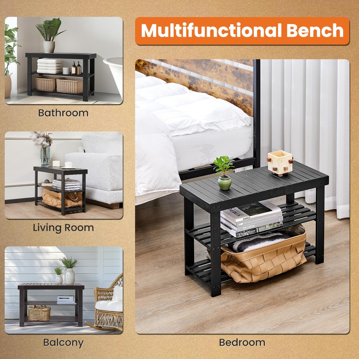 Black 3-Tier Bamboo Shoe Rack Bench
