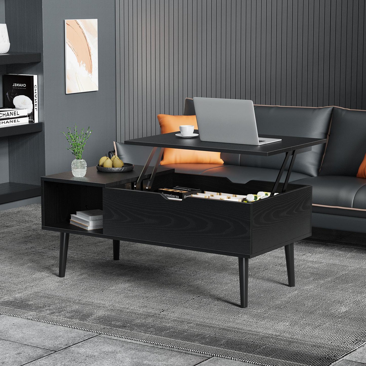 Black Lift Top Coffee Table w/ Hidden Storage Compartment