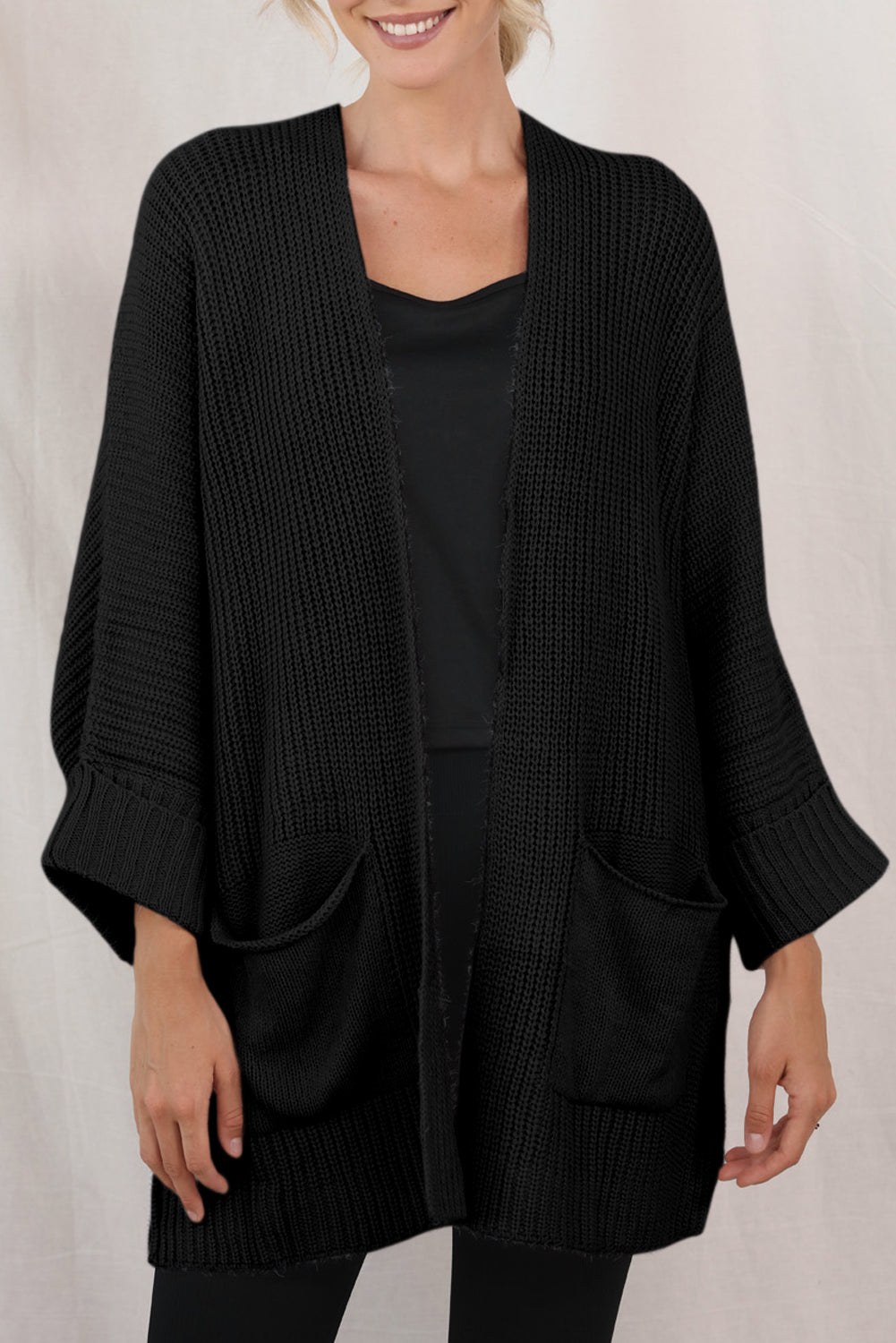Gray Batwing Sleeve Pocket Oversized Cable Knit Cardigan - Cowaa
