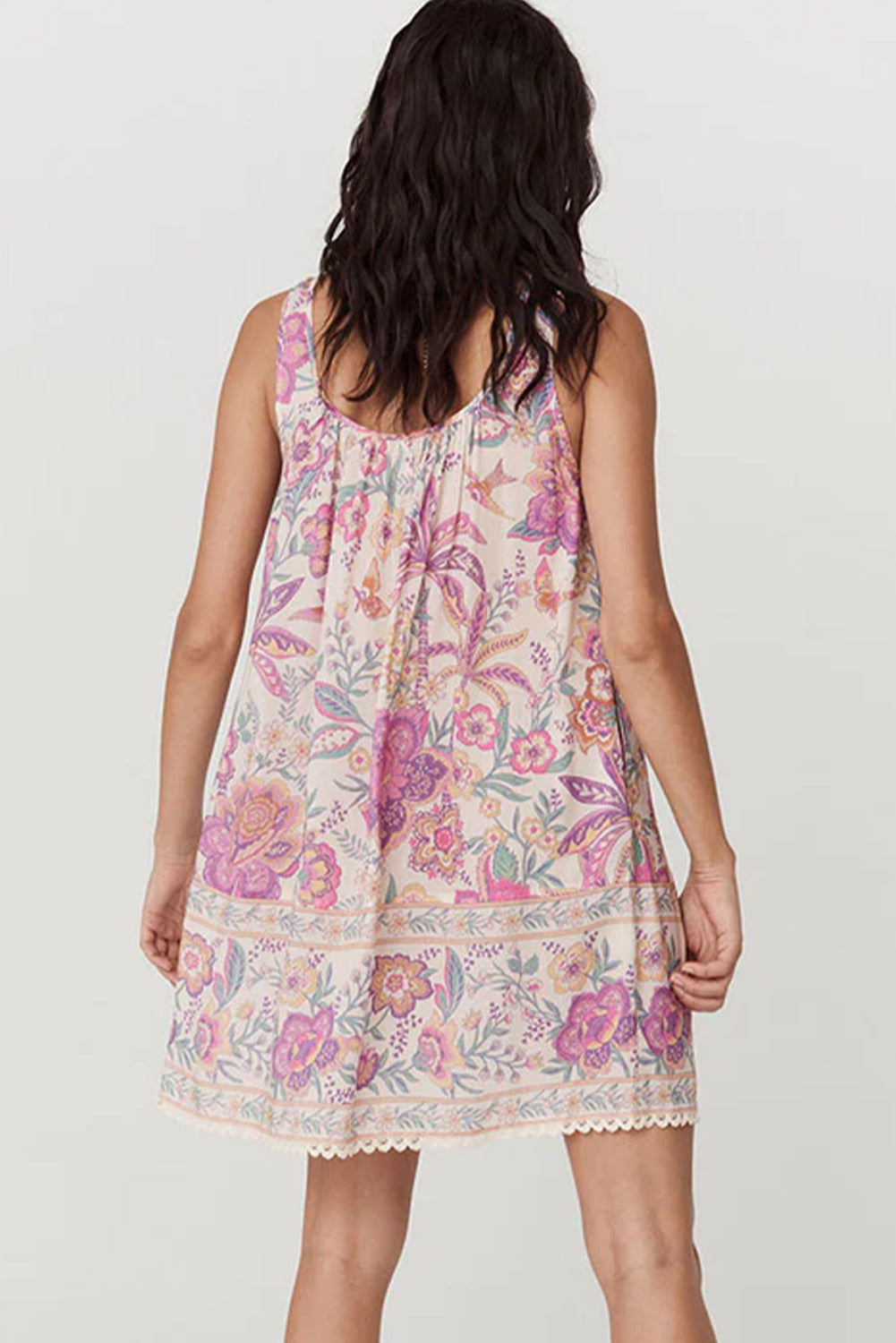 Multicolor Floral Print Fringed Tie U Neck Sleeveless Mini Dress