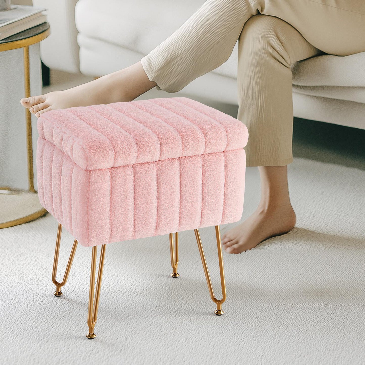 Pink Faux Fur Vanity Stool Chair w/ Storage