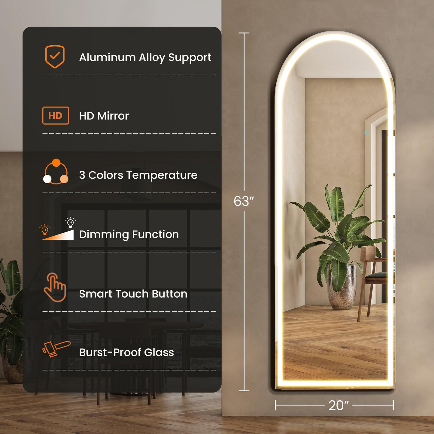 64"x21" Arched Full Length Mirror w/ LED Lights