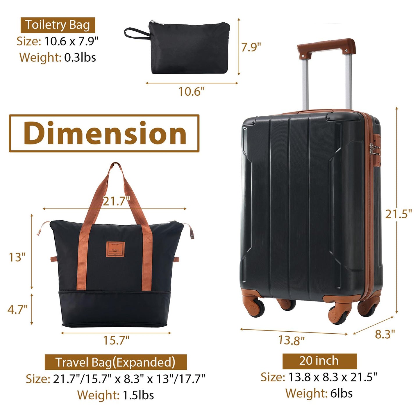 3 Piece Black Luggage Set w/TSA Lock