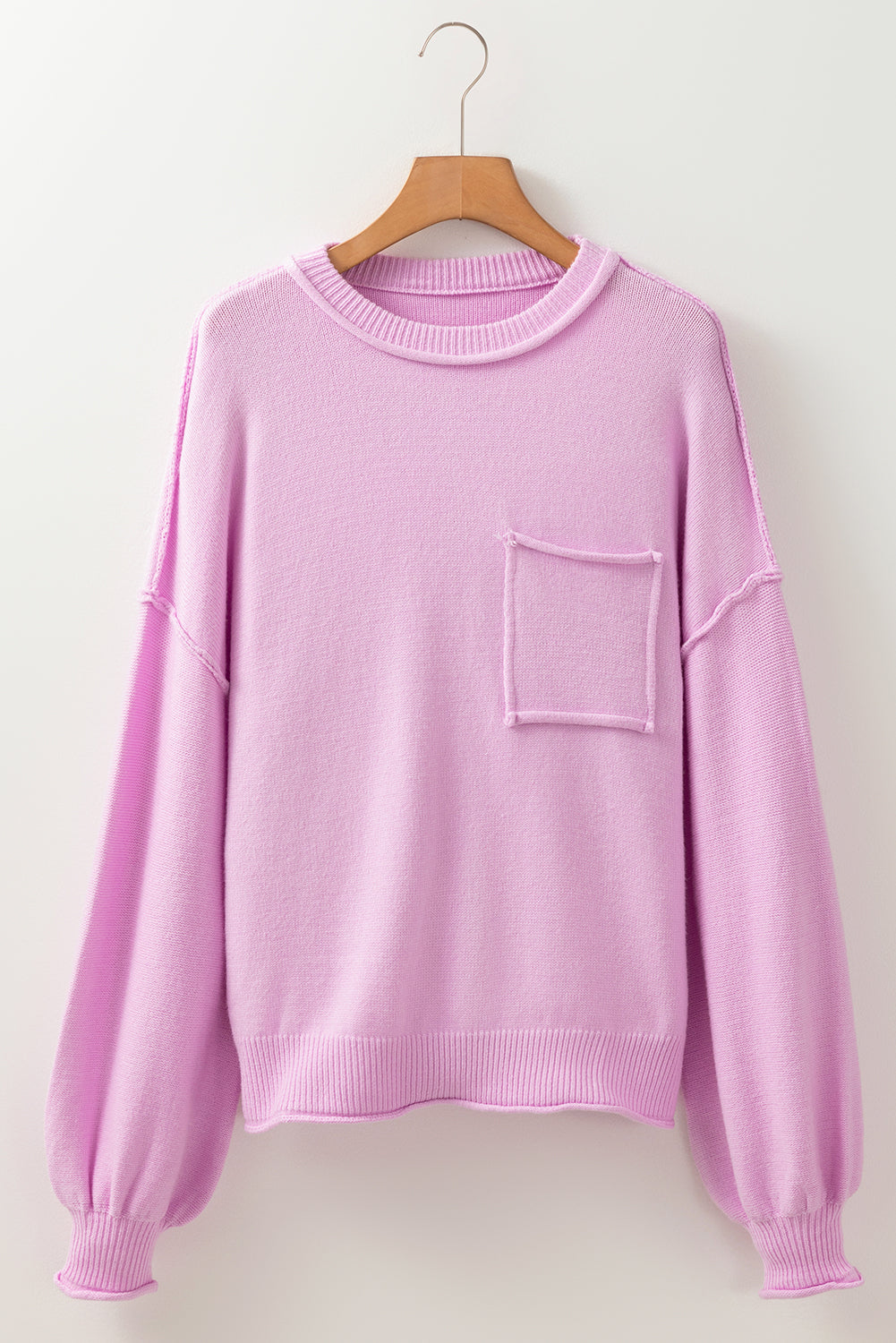 Pink Roll Hem Ribbed Detail Drop Shoulder Sweater