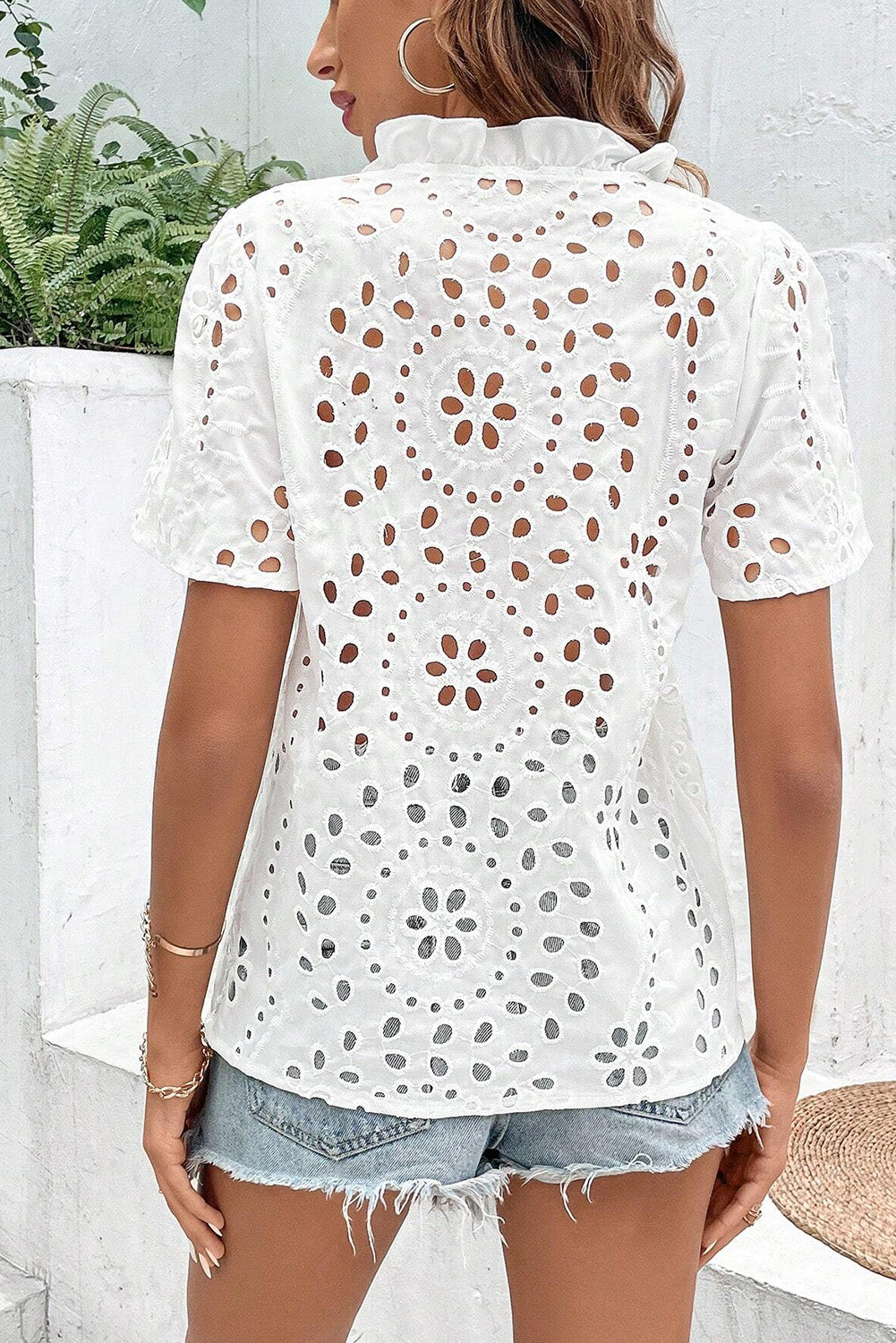 White Boho Geometric Pattern V Neck Cut-out Blouse - Cowaa