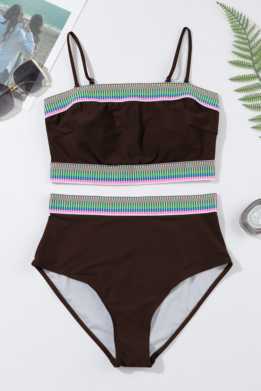 Coffee Contrast Banding Tube Bikini High Waist 2pcs Swimsuit