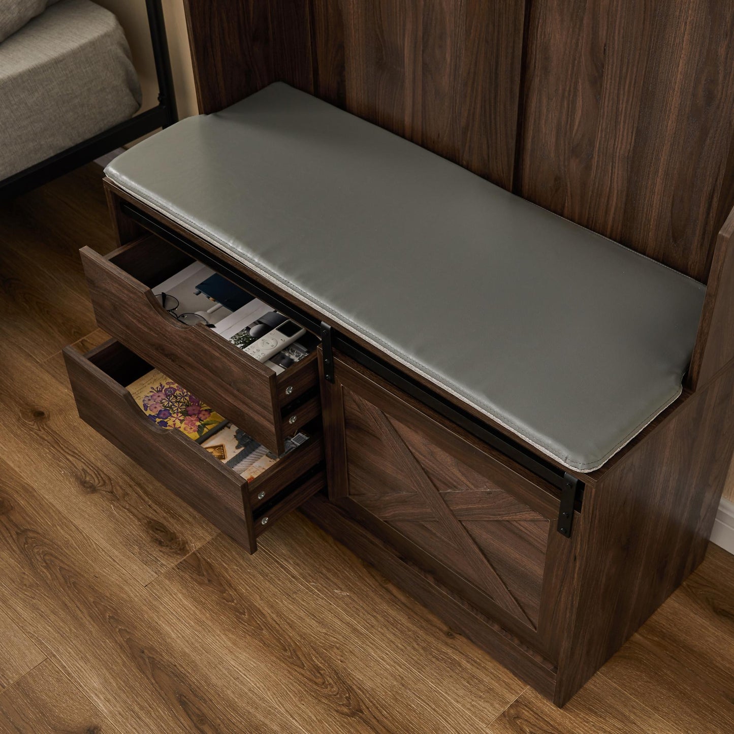 Dark Brown Coat Rack w/ Shoe Cabinet Storage