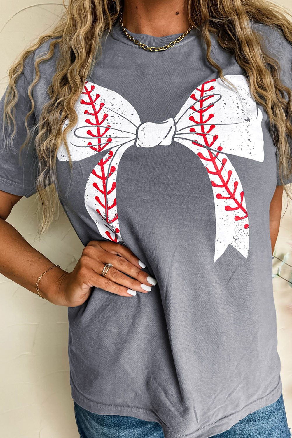 Gray Casual Baseball Bowknot Graphic Roll Up Sleeve Tee - Cowaa