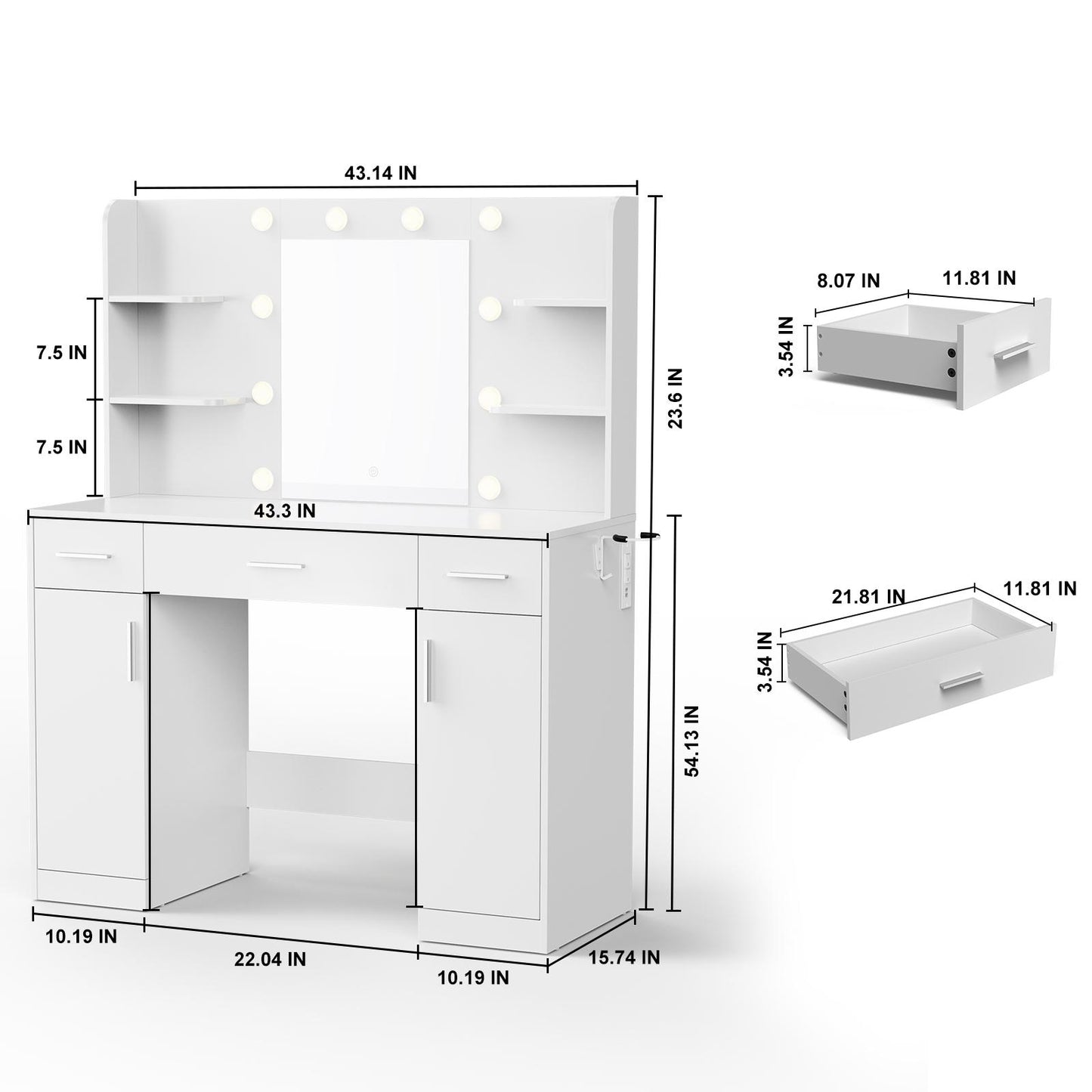 3 Drawer White Vanity Table w/ Lights