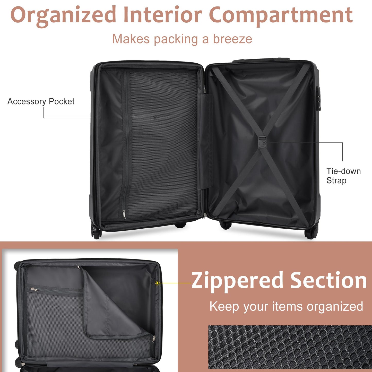3 Piece Black Luggage Set w/TSA Lock