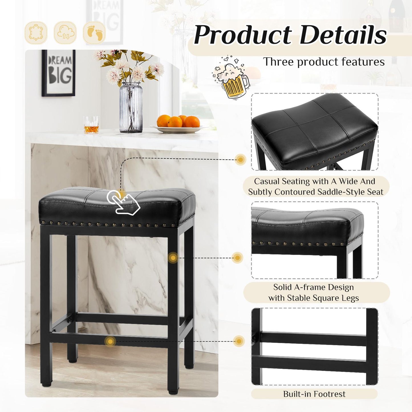 Set of 2 Black Saddle Bar Stool Kitchen Stools
