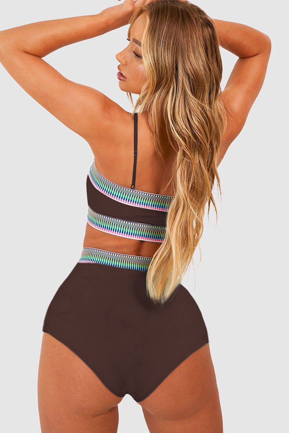 Coffee Contrast Banding Tube Bikini High Waist 2pcs Swimsuit