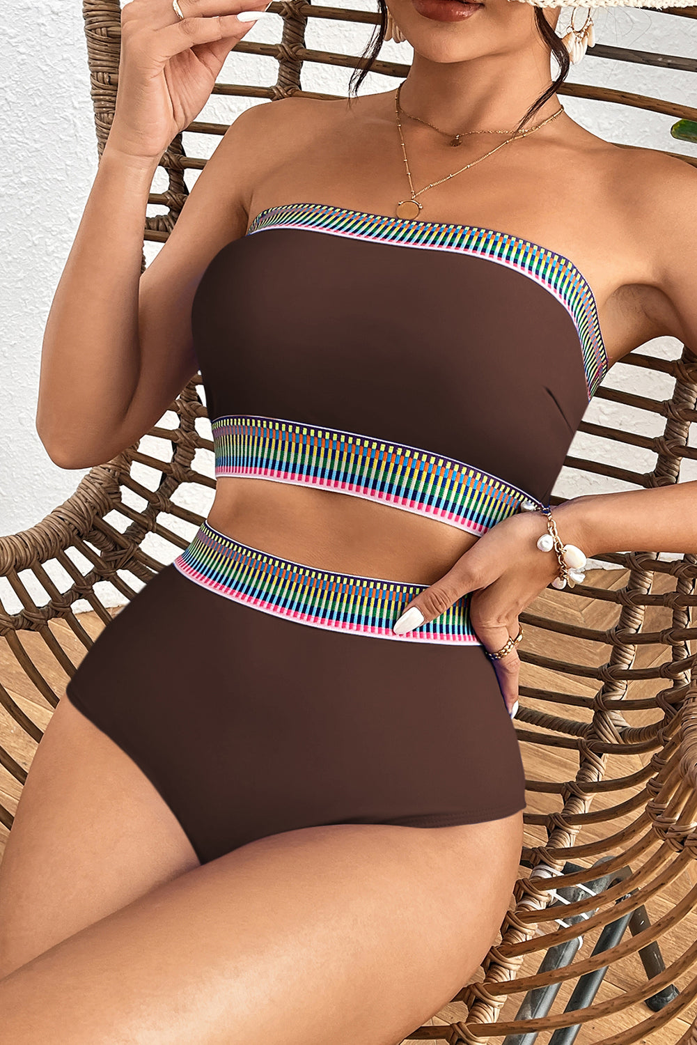 Coffee Contrast Banding Tube Bikini High Waist 2pcs Swimsuit