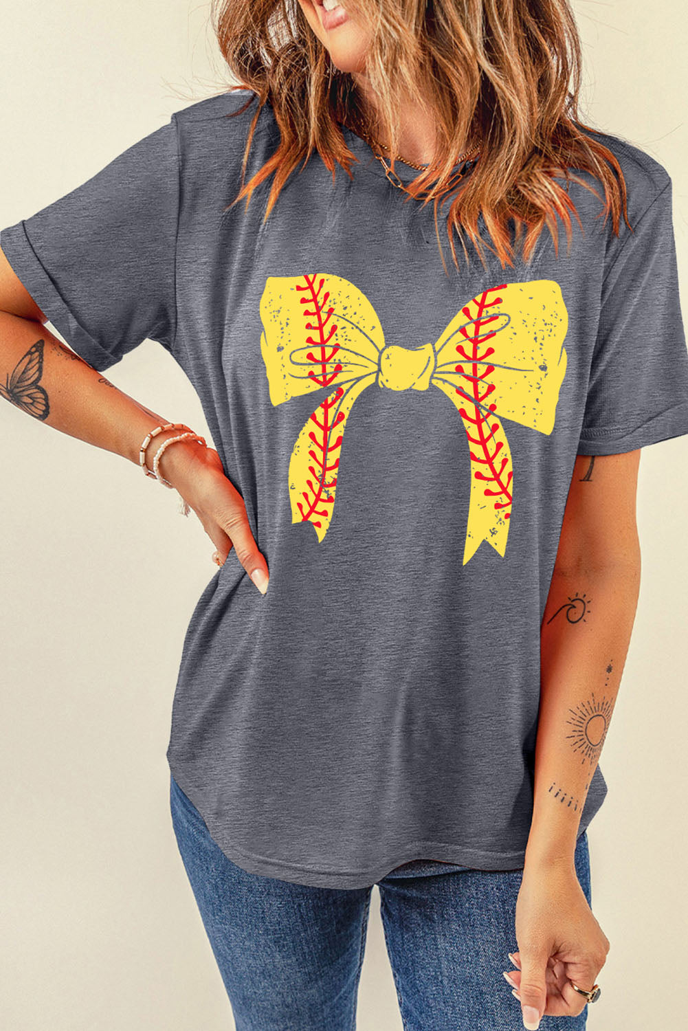 Gray Casual Baseball Bowknot Graphic Roll Up Sleeve Tee - Cowaa