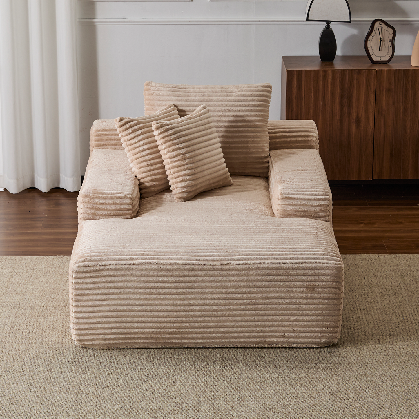 Beige Corduroy Plush Oversized Chaise Lounge Chair