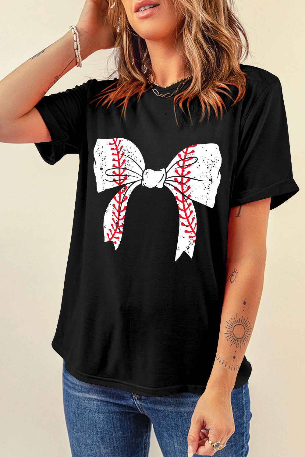 Gray Casual Baseball Bowknot Graphic Roll Up Sleeve Tee - Cowaa