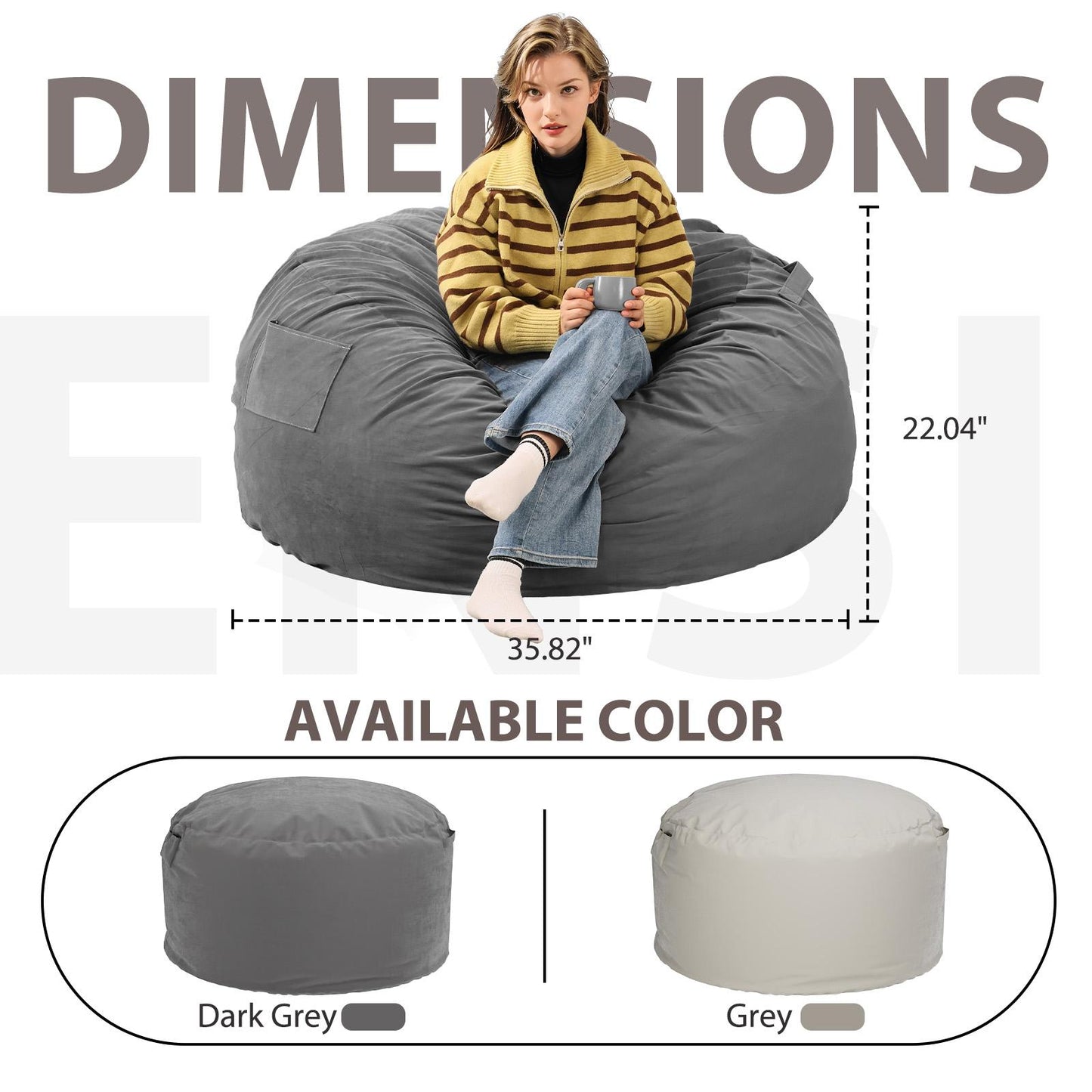 Dark Grey Large Foam Filled Bean Bag Chair w/ Removable Cover