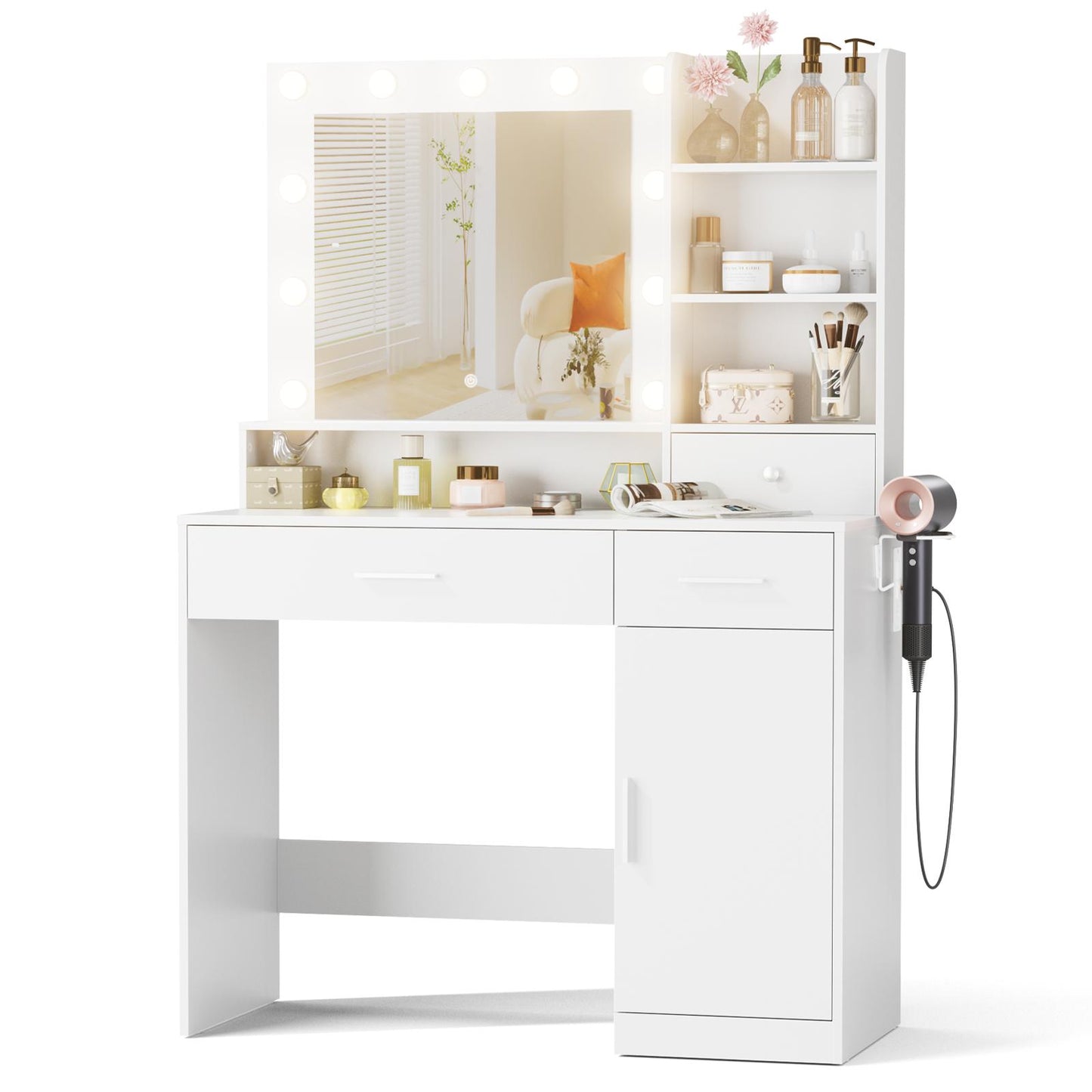 2 Drawer White Vanity Table w/ Lights