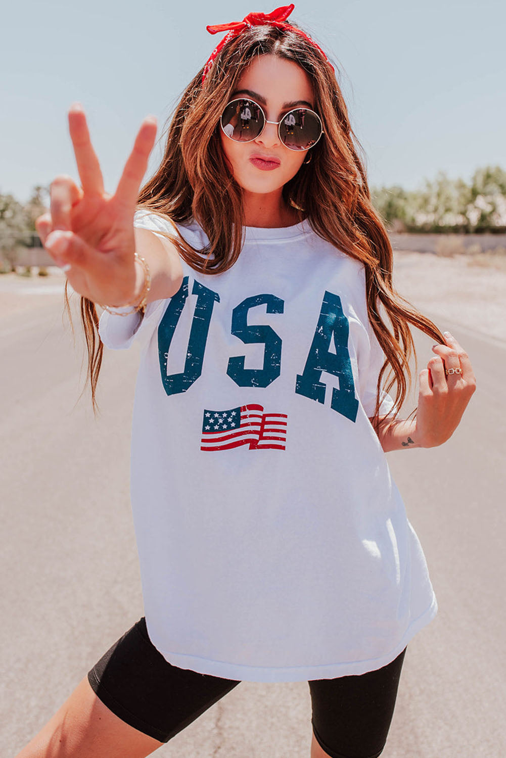 White USA Flag Patriotic Graphic Crew Neck Tee - Cowaa