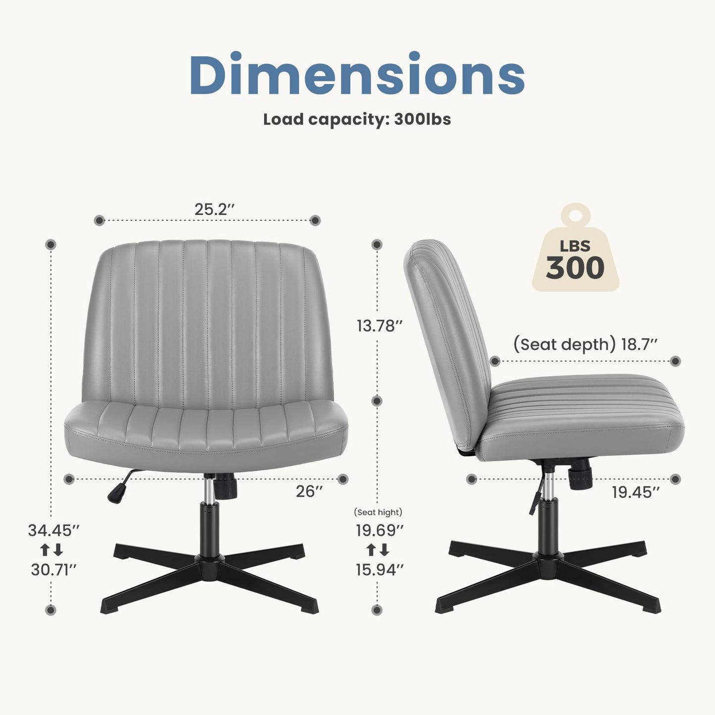 Grey Leather Wide Armless Swivel Home Office Chair