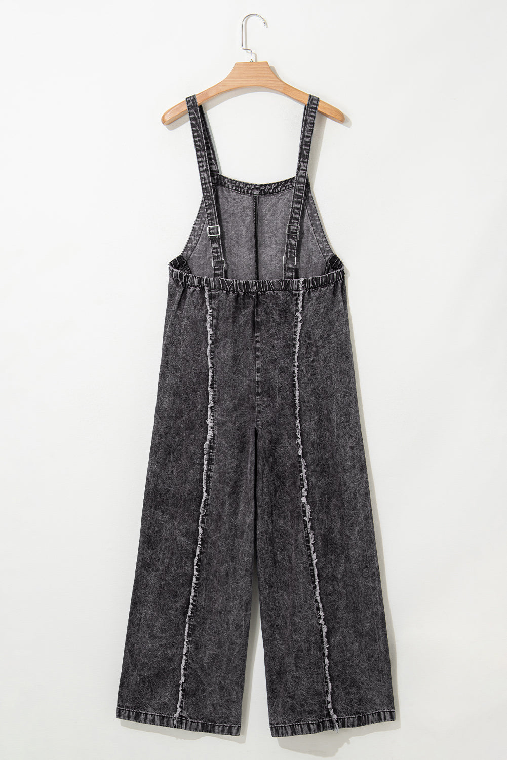 Blue Light Wash Frayed Exposed Seam Wide Leg Denim Overalls - Cowaa