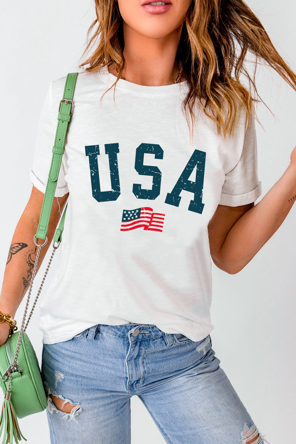 White USA Flag Patriotic Graphic Crew Neck Tee - Cowaa