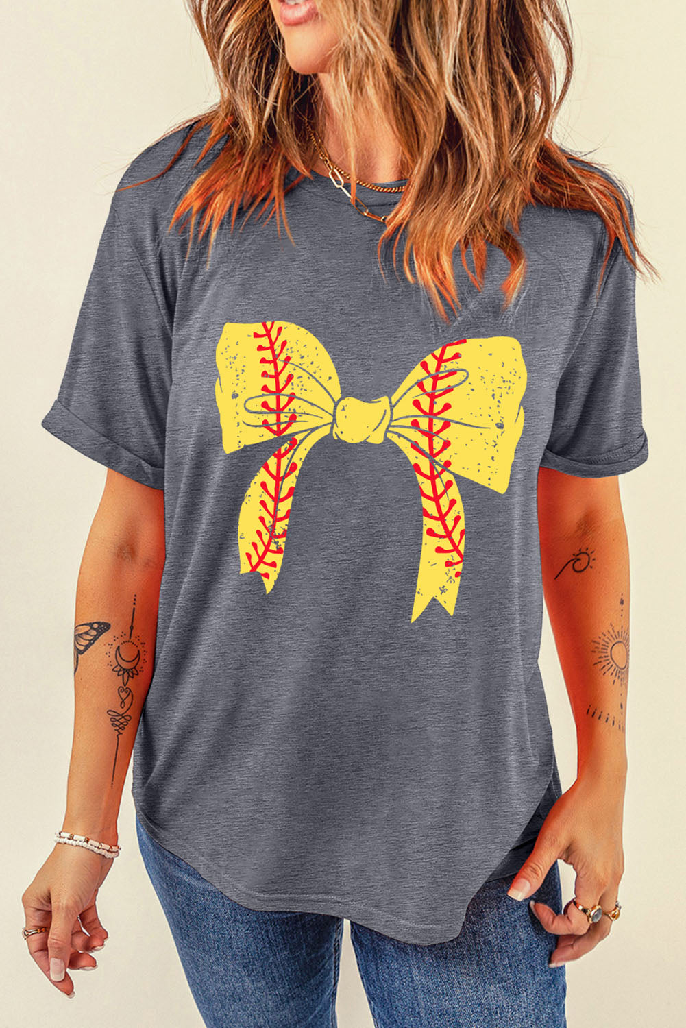 Gray Casual Baseball Bowknot Graphic Roll Up Sleeve Tee - Cowaa
