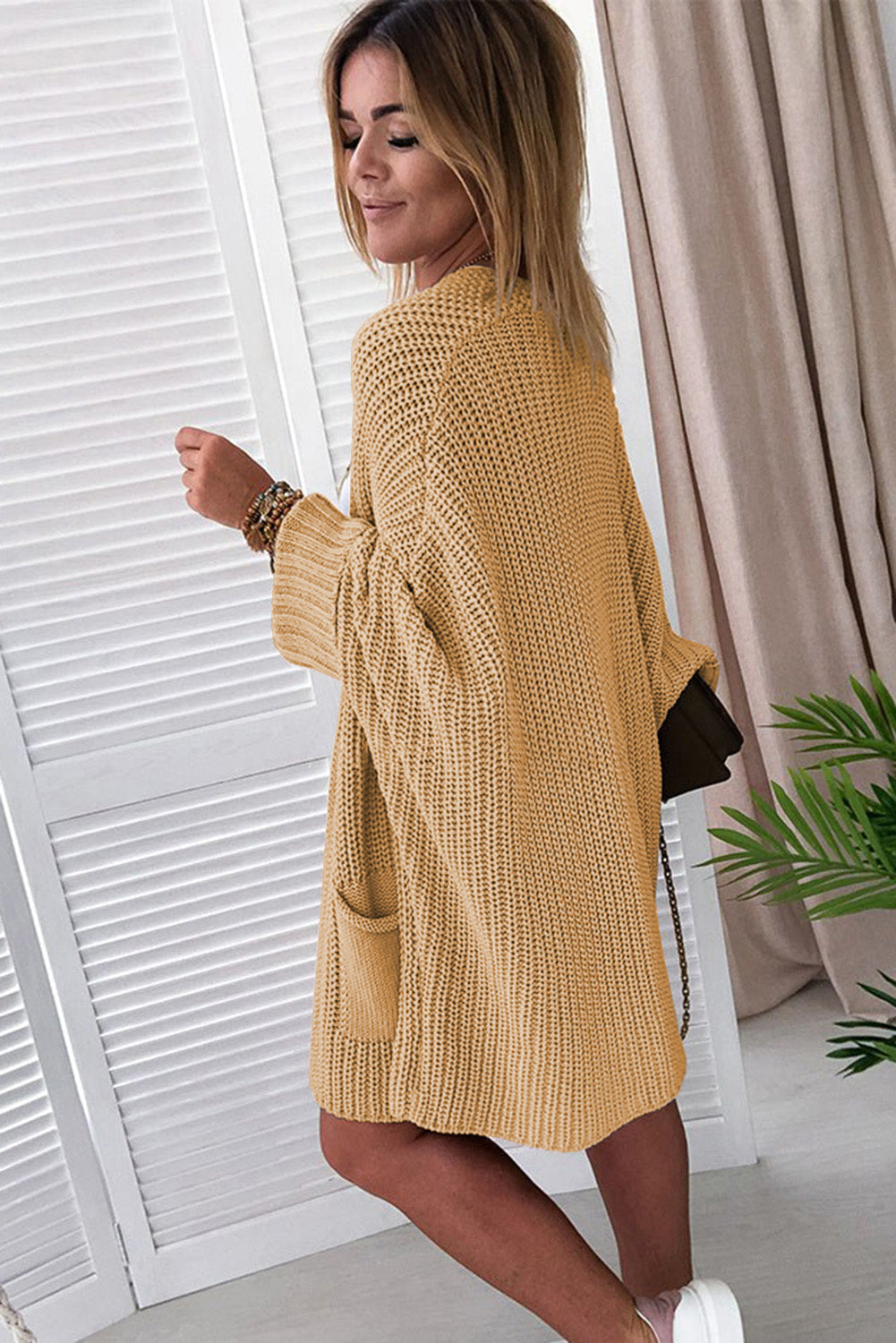 Gray Batwing Sleeve Pocket Oversized Cable Knit Cardigan - Cowaa