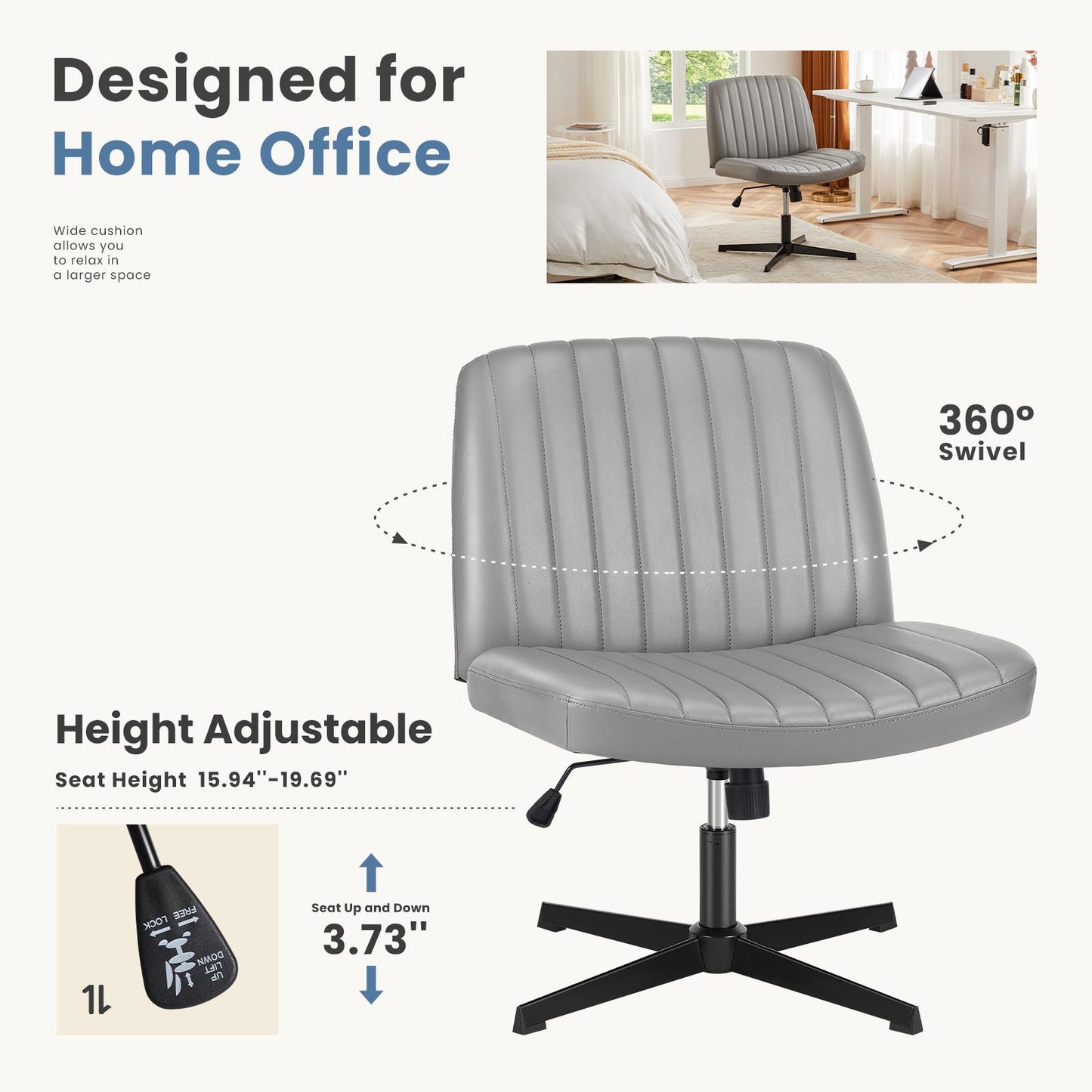 Grey Leather Wide Armless Swivel Home Office Chair