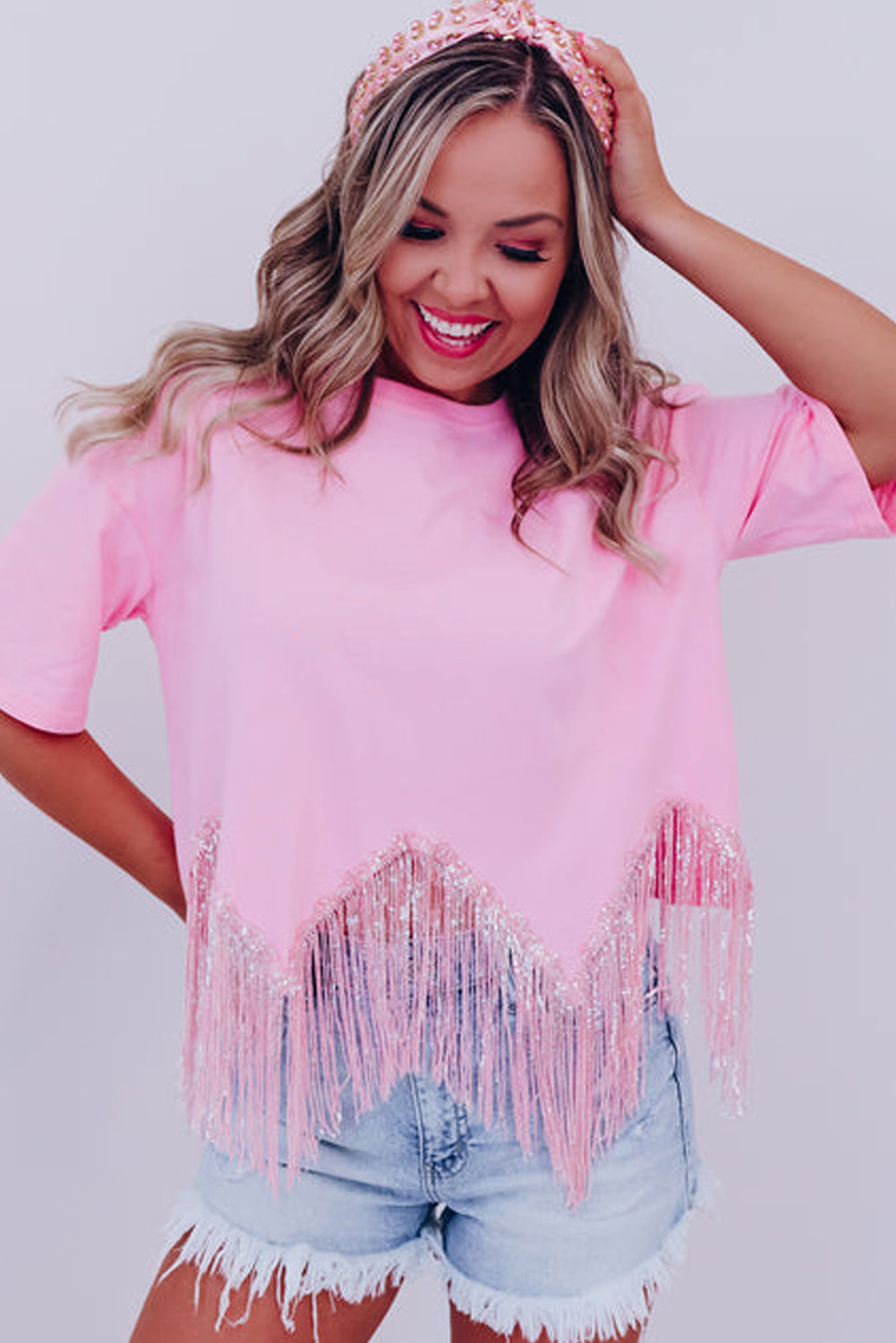 Pink Fringe Sequin Hem Cropped T-shirt - Cowaa