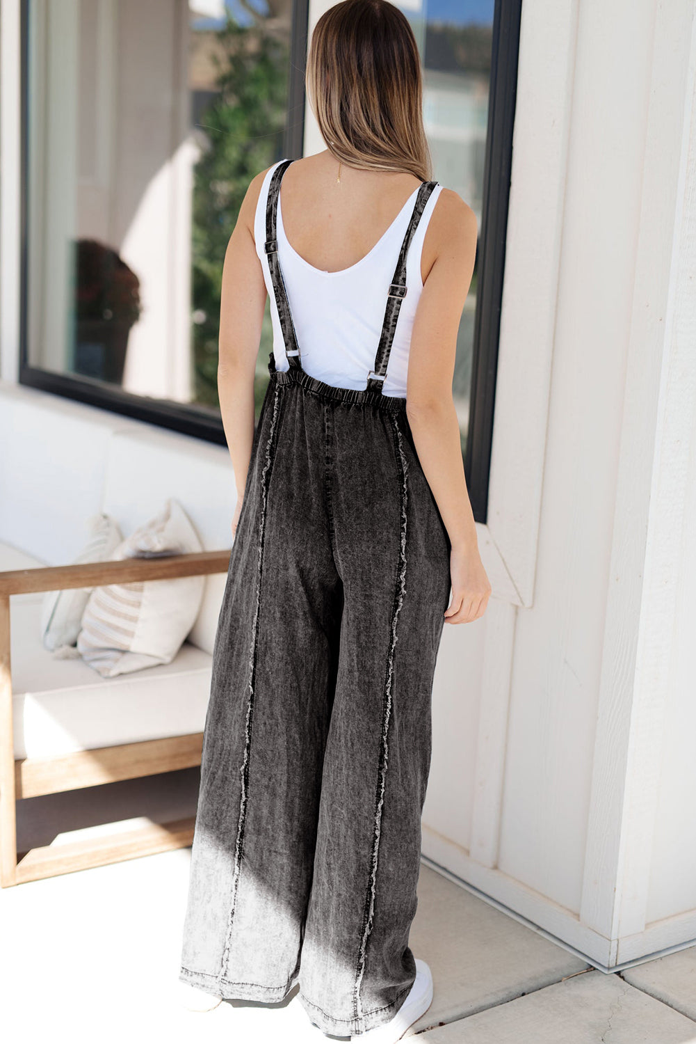 Blue Light Wash Frayed Exposed Seam Wide Leg Denim Overalls - Cowaa