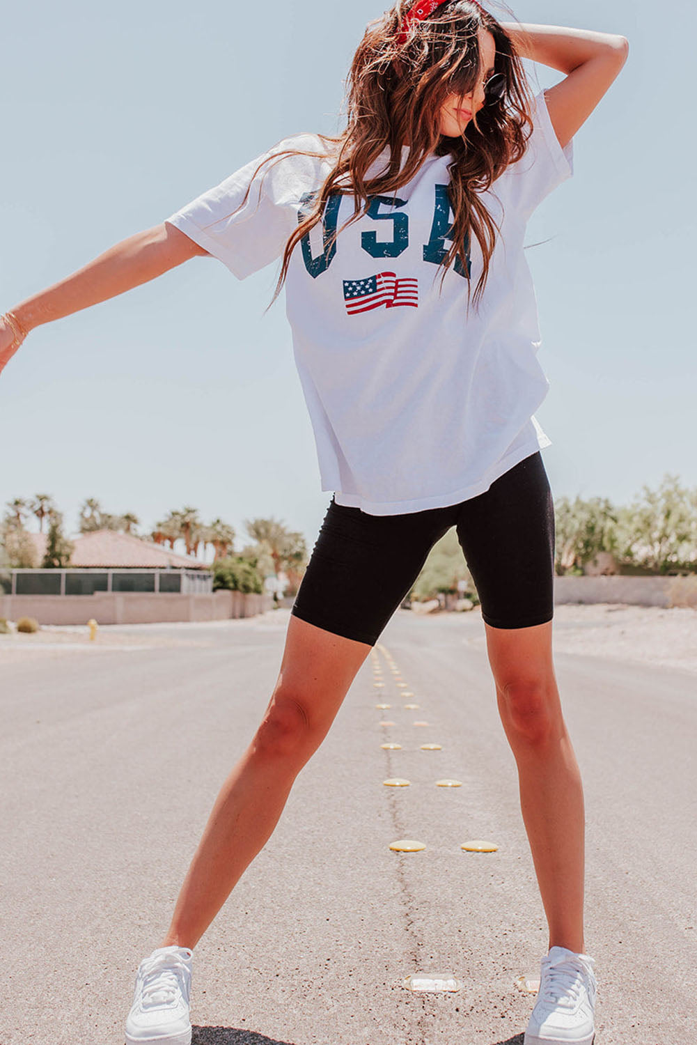 White USA Flag Patriotic Graphic Crew Neck Tee - Cowaa