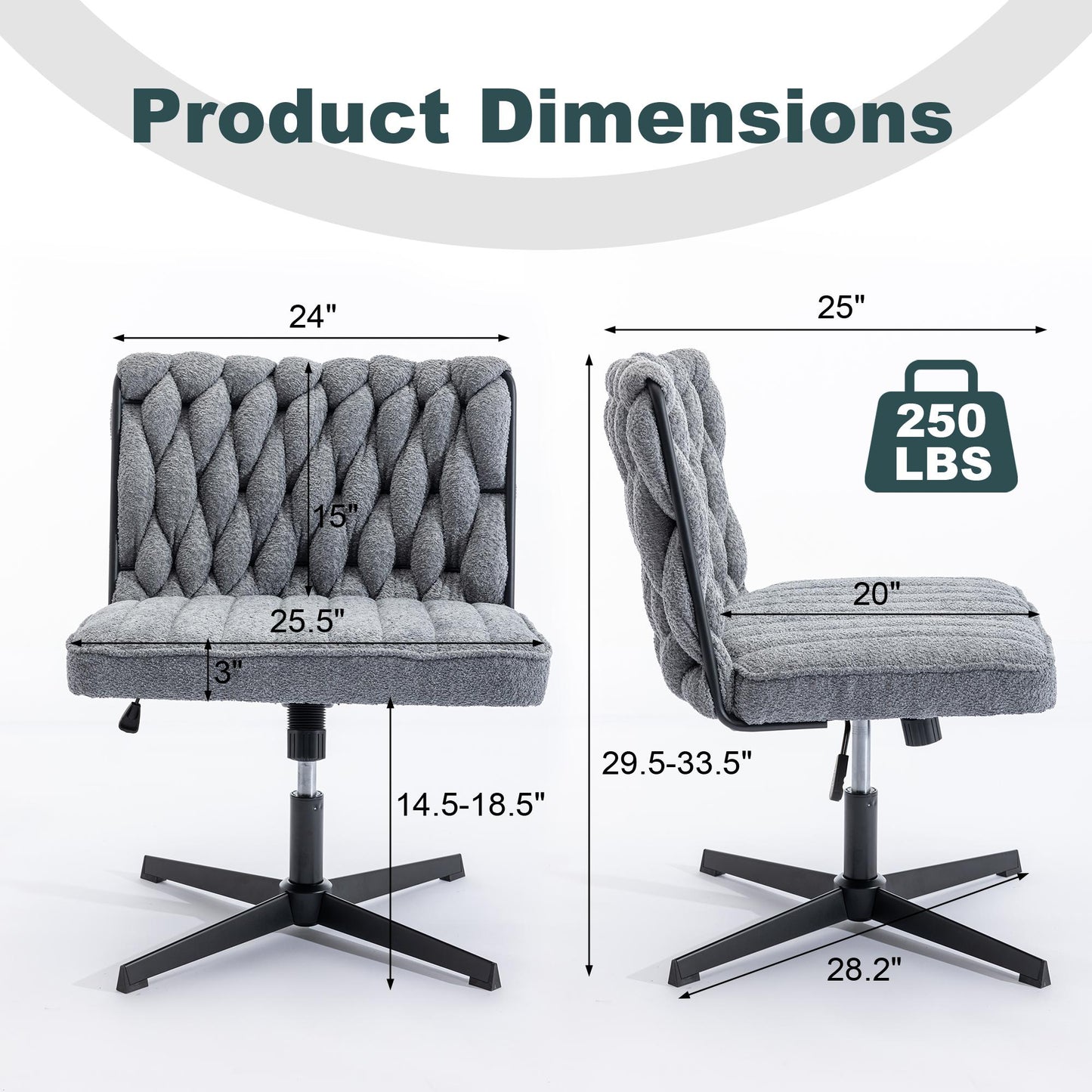Grey Wide Ergonomic Armless Office Chair w/ No Wheels
