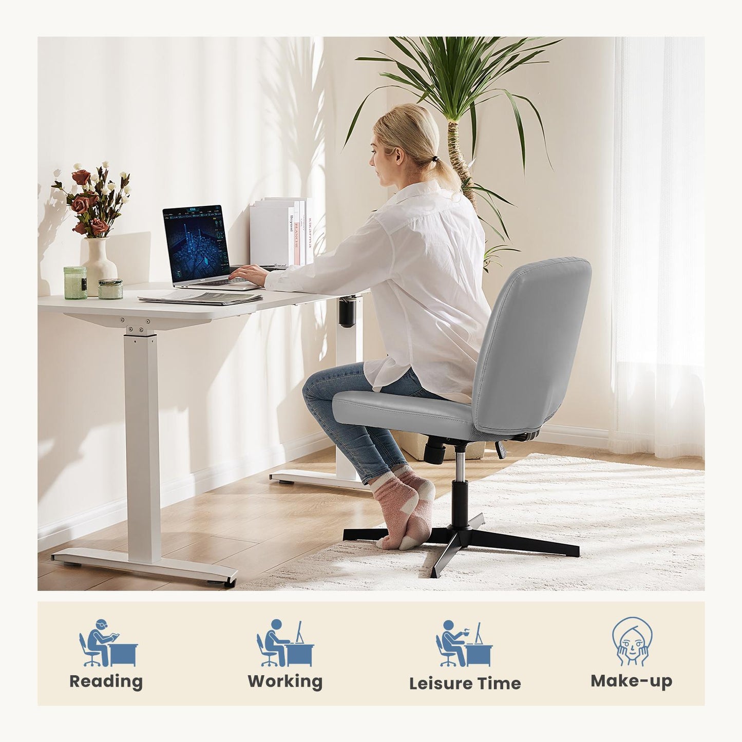 Grey Leather Wide Armless Swivel Home Office Chair