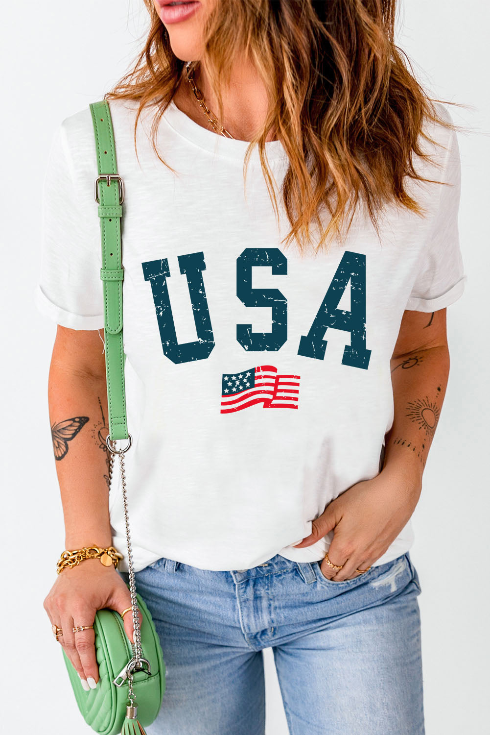White USA Flag Patriotic Graphic Crew Neck Tee - Cowaa