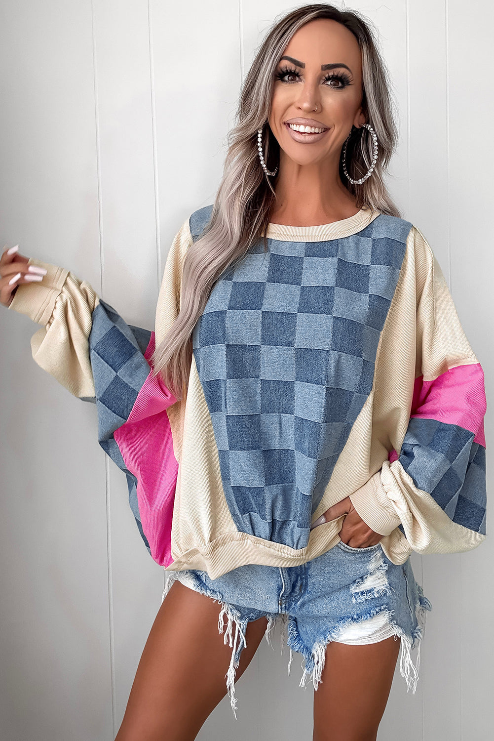 Sky Blue Oversized Checkered Denim Exposed Seam Patchwork Casual Sweatshirt
