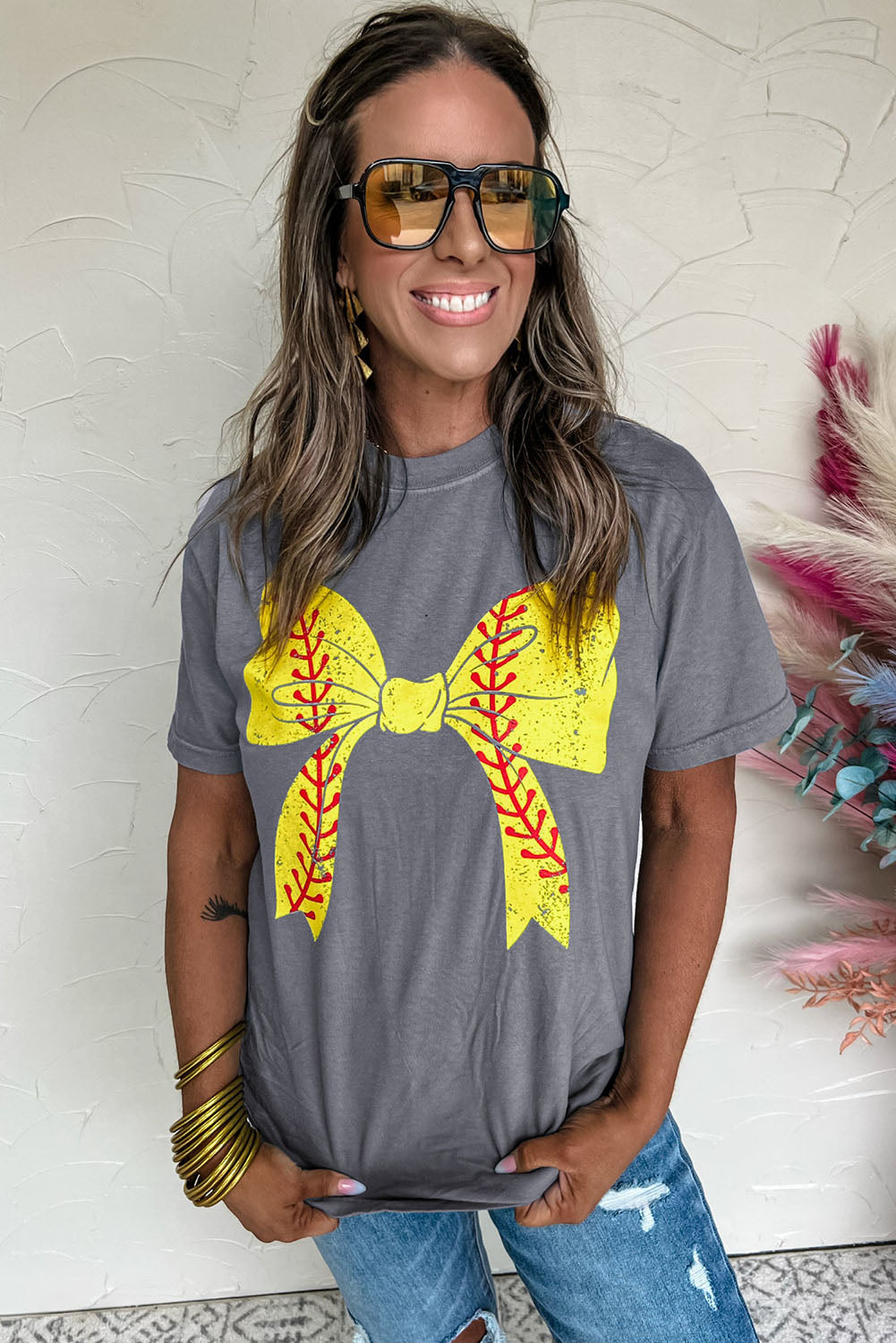 Gray Casual Baseball Bowknot Graphic Roll Up Sleeve Tee - Cowaa