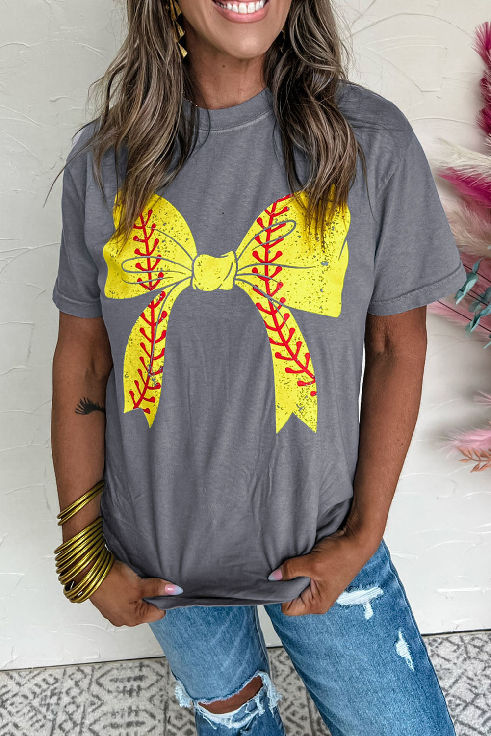 Gray Casual Baseball Bowknot Graphic Roll Up Sleeve Tee - Cowaa
