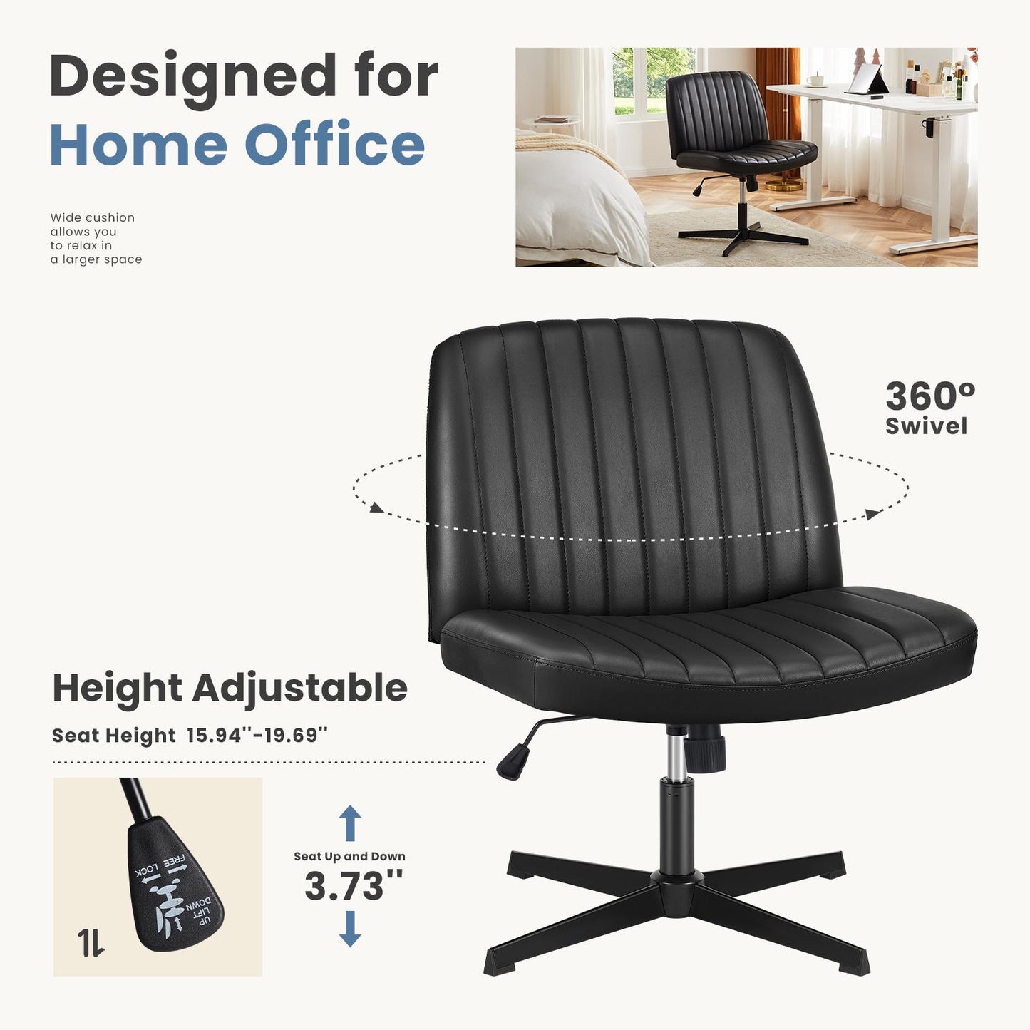 Black Leather Wide Armless Swivel Home Office Chair