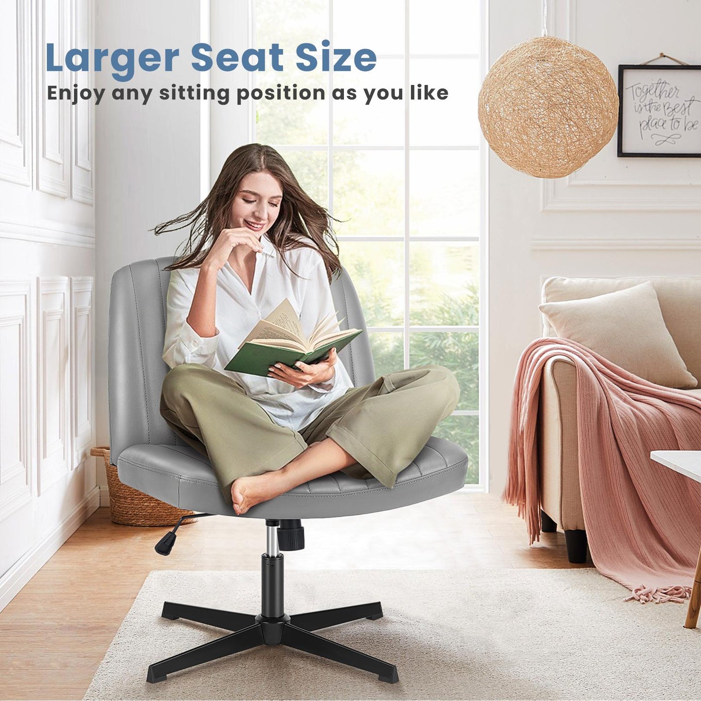 Grey Leather Wide Armless Swivel Home Office Chair