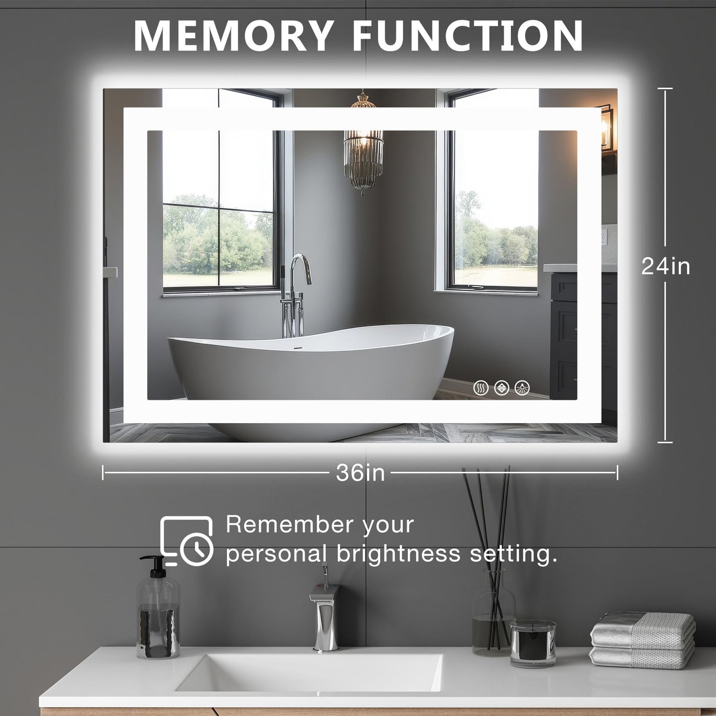 24"x36" Anti-fog LED Bathroom Mirror w/ Dual Light Source & Three Lighting Modes