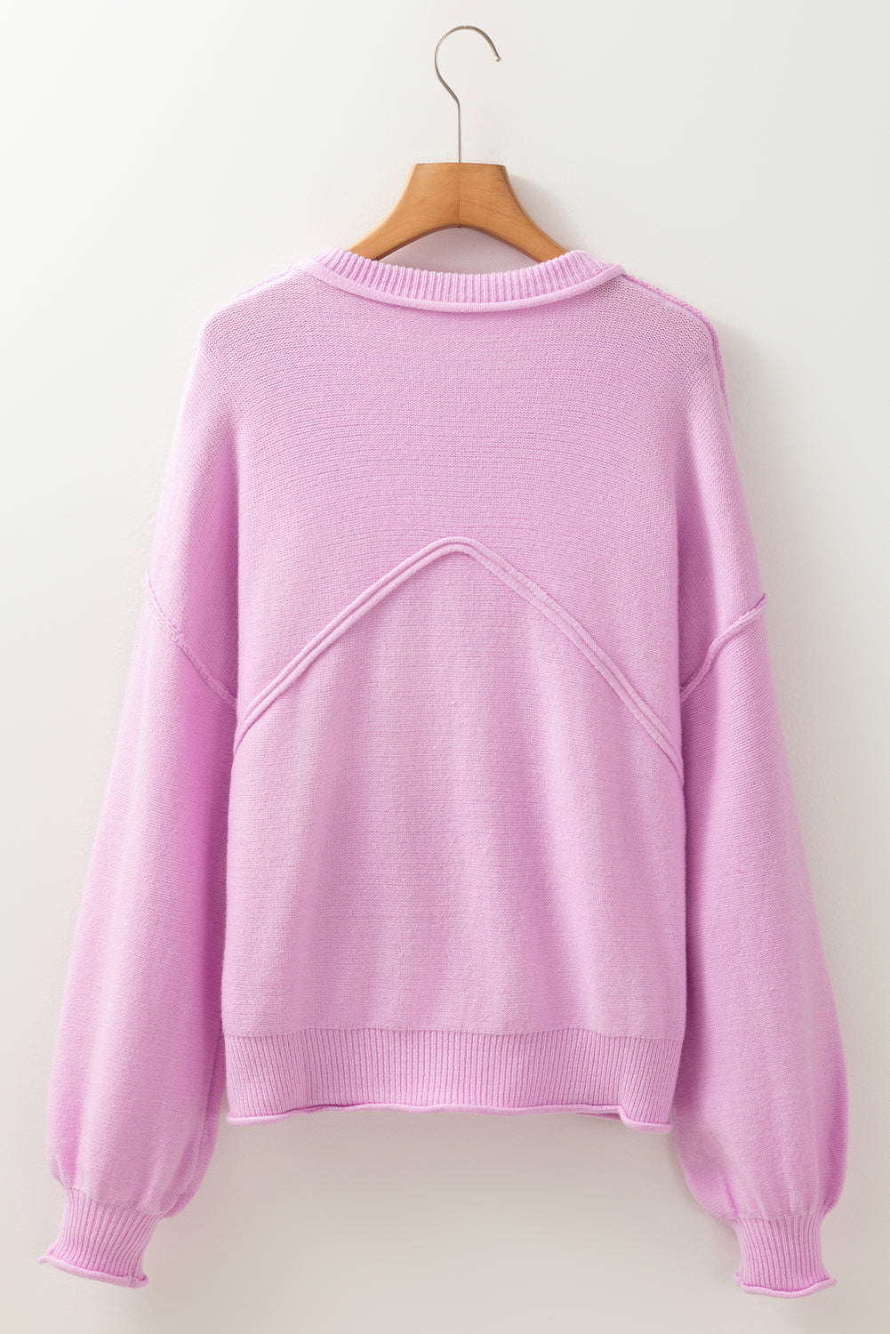 Pink Roll Hem Ribbed Detail Drop Shoulder Sweater