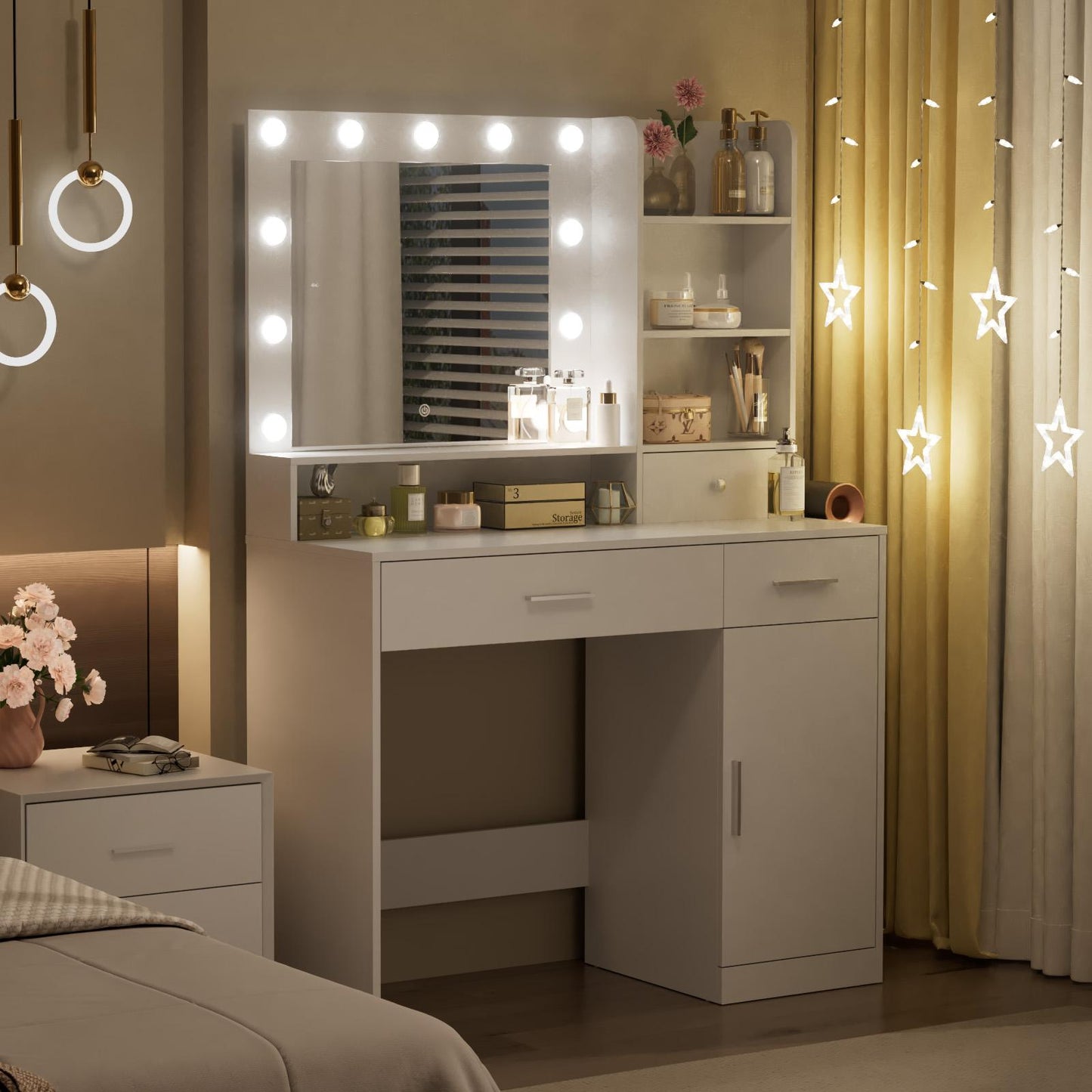 2 Drawer White Vanity Table w/ Lights