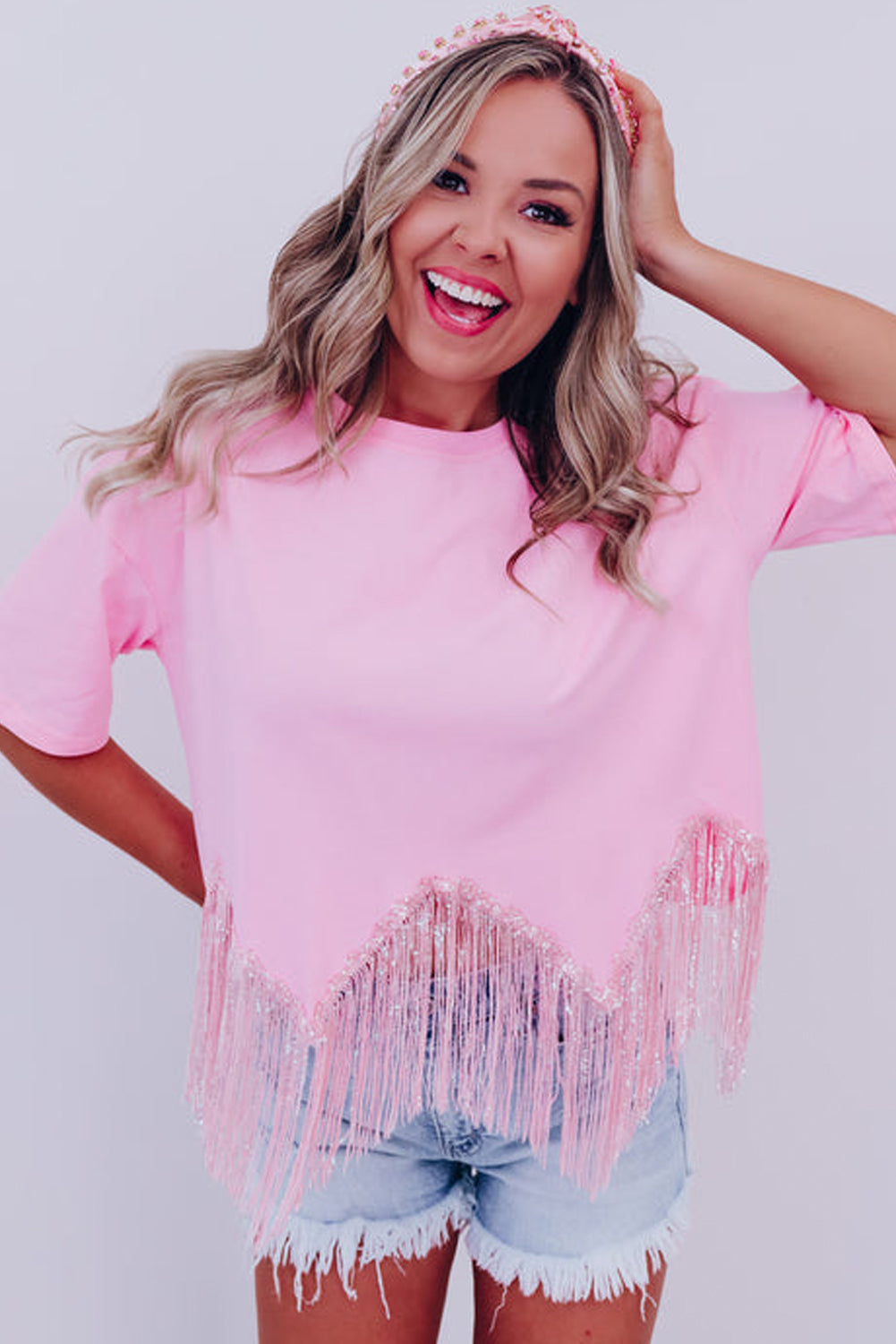 Pink Fringe Sequin Hem Cropped T-shirt - Cowaa