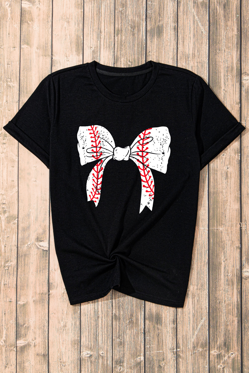 Gray Casual Baseball Bowknot Graphic Roll Up Sleeve Tee - Cowaa